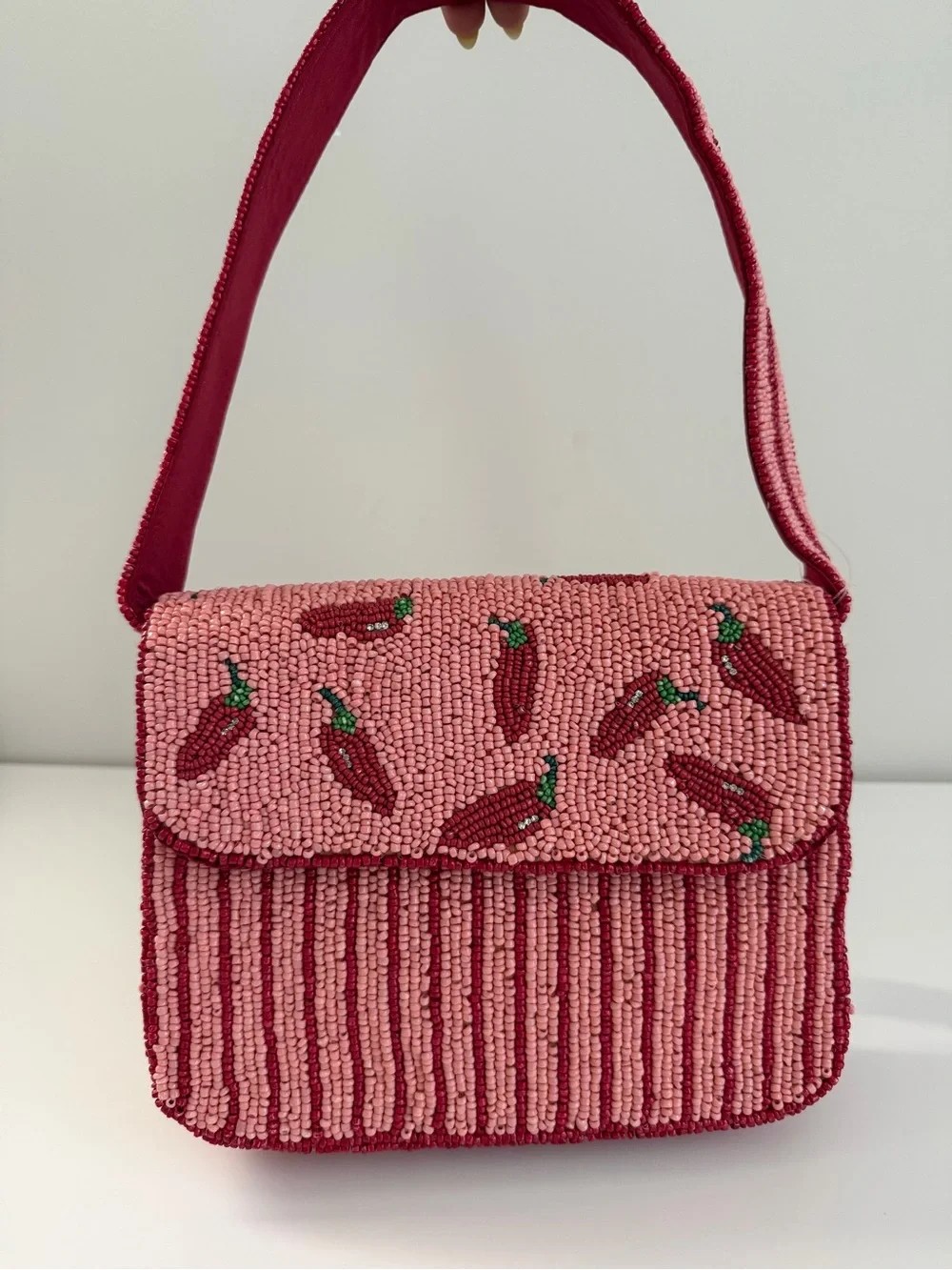 Beaded Pink Chili Pepper Shoulder Bag
